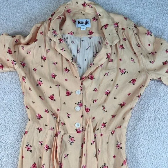 Rouje Paris Womens Midi Plunge Neck Dress Yellow Floral Size 34 US 2 Summer Lux - Picture 5 of 12